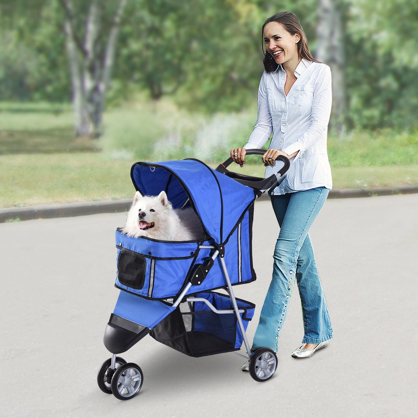 PawHut Dog Pet Cat Travel Carrier 3 Wheels Folding 3 Wheels Blue
